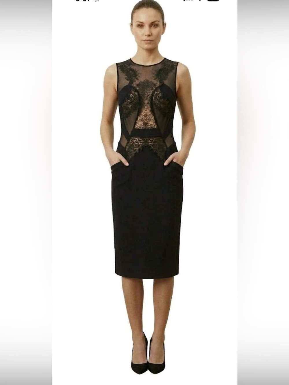 BCBGMAXAZRIA RUNWAY Black Embroidered Mesh Sheer Silk Pocket Dress Size S